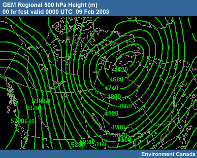 GEM Regional 500-hPa Height 00 hr fcst valid 0000 UTC 09 Feb 2003