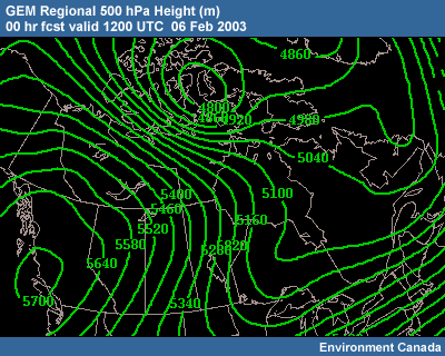 GEM Regional 500-hPa Height 00 hr fcst valid 1200 UTC 06 Feb 2003