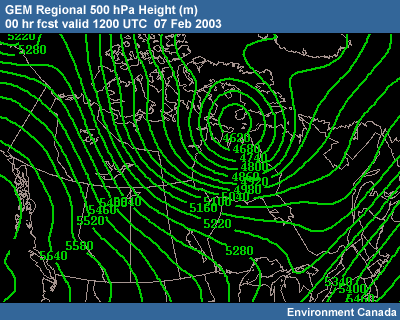 GEM Regional 500-hPa Height 00 hr fcst valid 1200 UTC 07 Feb 2003