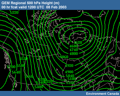 GEM Regional 500-hPa Height 00 hr fcst valid 1200 UTC 08 Feb 2003