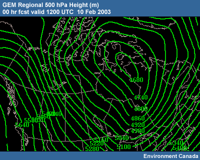 GEM Regional 500 hPa heights 00 hr fcst valid 1200 UTC 10 Feb 2003