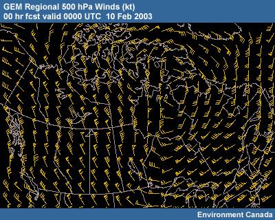 GEM Regional 500 hPa winds 00 hr fcst valid 0000 UTC 10 Feb 2003