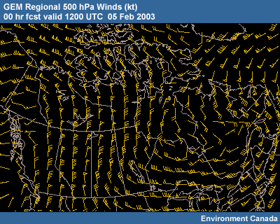 GEM Regional 500 hPa Winds 00 hr fcst valid 1200 UTC 05 Feb 2003