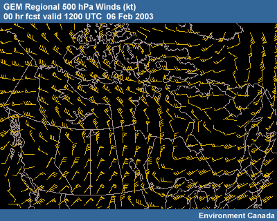 GEM Regional 500 hPa Winds 00 hr fcst valid 1200 UTC 06 Feb 2003