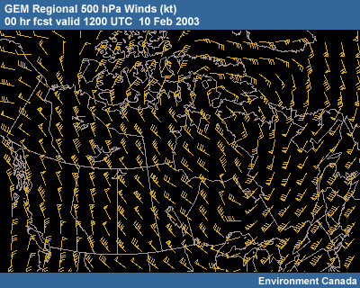 GEM Regional 500 hPa winds 00 hr fcst valid 1200 UTC 10 Feb 2003