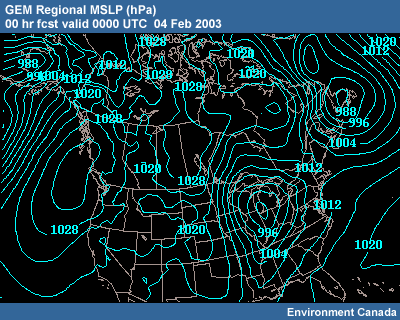 GEM Regional MSLP 00 hr fcst with Surface Observations valid 0000 UTC 04 Feb 2003
