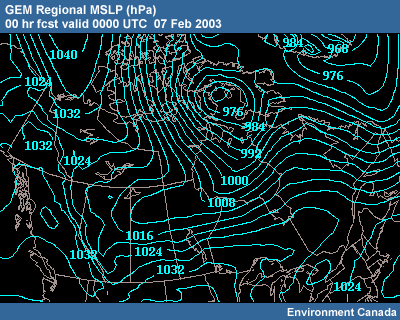 GEM Regional MSLP 00 hr fcst 0000 UTC 07 Feb 2003