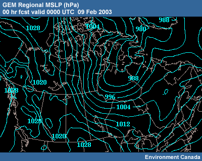 GEM Regional MSLP 00 hr fcst 0000 UTC 09 Feb 2003