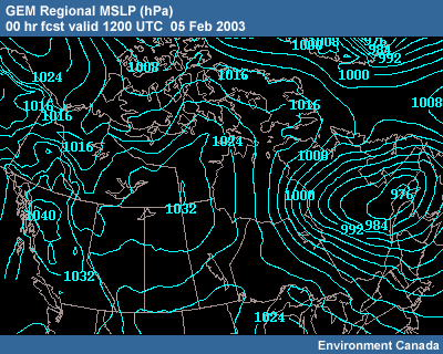 GEM Regional MSLP 00 hr fcst 1200 UTC 05 Feb 2003