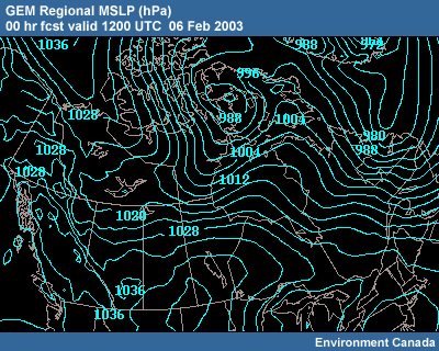 GEM Regional MSLP 00 hr fcst 1200 UTC 06 Feb 2003