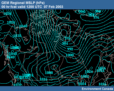 GEM Regional MSLP 00 hr fcst 1200 UTC 07 Feb 2003