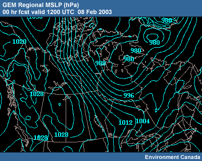 GEM Regional MSLP 00 hr fcst 1200 UTC 08 Feb 2003