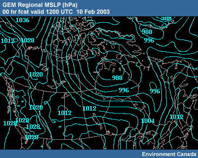 GEM Regional MSLP 00 hr fcst valid 1200 UTC 10 Feb 2003