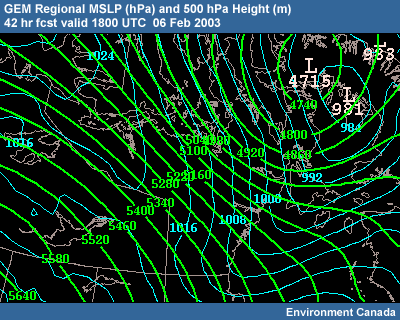 GEM Regional MSLP and 500 heights for 42 hour forecast valid at 18 UTC on 06 February 2003