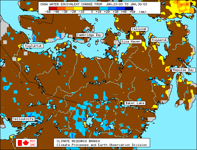 Snow-water equivalent (SSM/I derived) change from 23-30 Jan 2003  