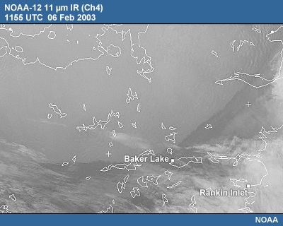 NOAA-12 10.5 µm IR, 1155 UTC on 06 February 2003,  showing cold air mass over Nunavut