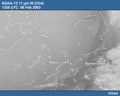 NOAA-12 10.5 µm IR, 1335 UTC on 06 February 2003,  showing cold air mass over Nunavut