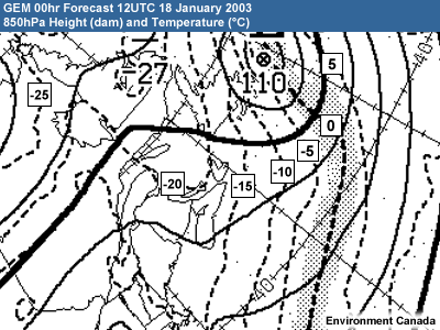 GEM 850hPa and Temperature, 00hr forecast for 12 UTC, 18 January 2003
