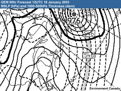 GEM MSLP and 1000-500hPa thickness, 00hr forecast for 12 UTC, 18 January 2003