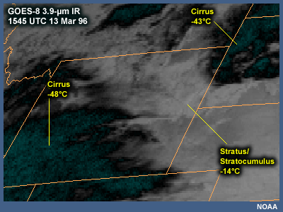 GOES-8 3.9 micrometer IR showing areas of cirrus and stratus clouds
