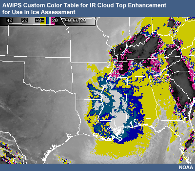Image of AWIPS custom color table for IR with cloud top enhancement for use in ice assessment