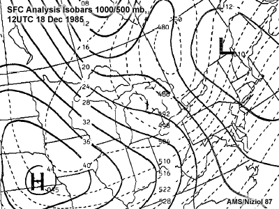Surface analysis over Great Lakes, 12 UTC 18 December 1985