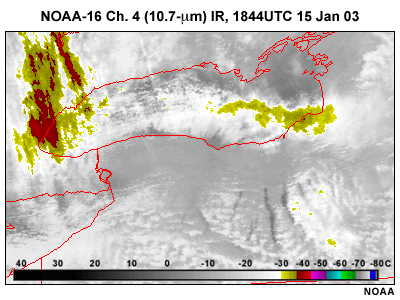 NOAA-16 10.7 micrometer IR image, 1844 UTC, 15 January 2003