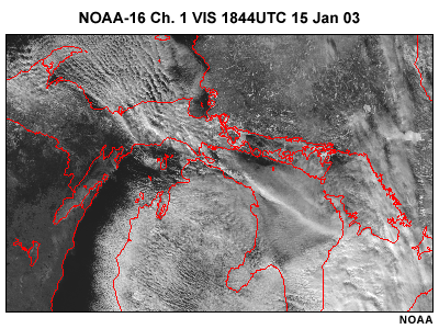 NOAA-16 visible image over nrothern Great Lakes, 1844 UTC, 15 January 2003