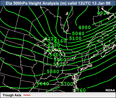 Eta 500hPa Height Analysis (m) valid 12UTC 13 Jan 99