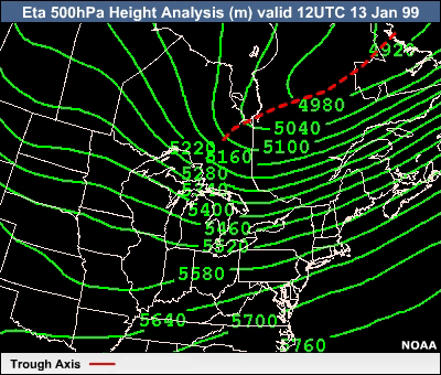 Eta 500hPa Height Analysis (m) valid 12UTC 13 Jan 99