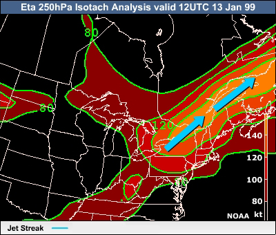 Eta 250hPa Isotach Analysis valid 12UTC 13 Jan 99