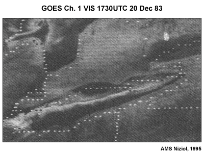 GOES visible image, Lake Ontario snow band, 1730 UTC, 20 December 1983