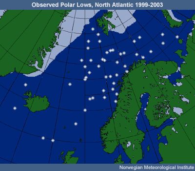 Positions of fully developed polar lows in the seasons 1999–2003.