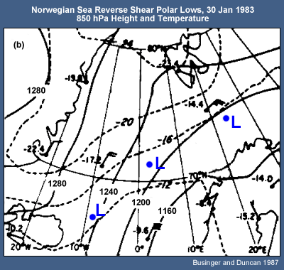 Norwegian Sea Reverse Shear Polar Lows, 30 Jan 1983