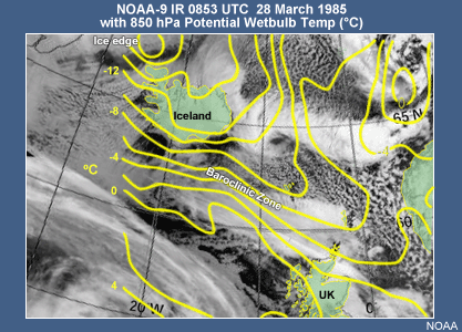 IR image showing the development of a polar low in the location of a strong baroclinic zone well away from the ice edge. Yellow lines show 850 hPa potential wetbulb temperature  in �C .
