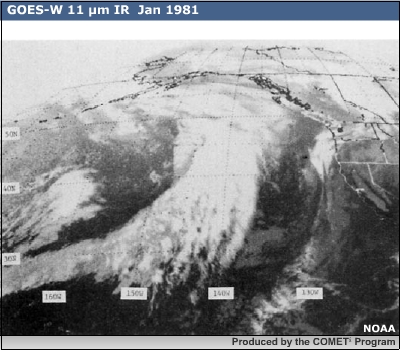 GOES-W IR 06 Jan 1981 showing an instant occlusion over the Gulf of Alaska