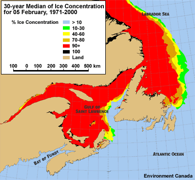 Map showing 30-year median ice concentration in the Gulf of St. Lawrence area