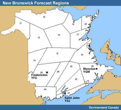 Map showing forecast areas in New Brunswick