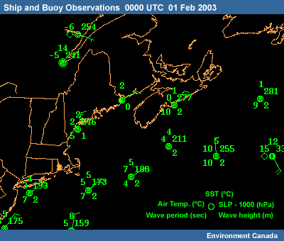 Ship and Buoy Observations at 0000 UTC 01 February 2003