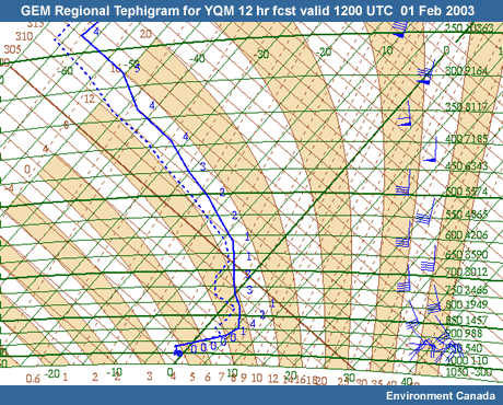 GEM Tephigram YQM 12-hour forecast valid 1200 UTC 01 February 2003