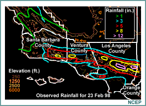 Observed rainfall, Los Angeles region, February 23, 1998 