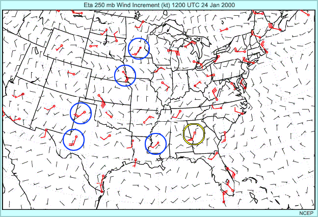 Eta 250 mb Wind Increment (kt) 1200 UTC 24 January  2000