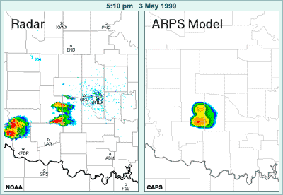 Severe convective event near Oklahoma City, May 1999: animated sequence comparing radar to non-operational ARPS model