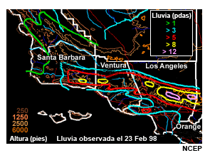 Lluvia observada en la zona de Los Ángeles, 23 de febrero de 1998