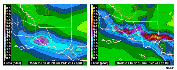 PCP del modelo Eta de 29 km y 10 km, zona de Los Ángeles, 23 de febrero de 1998