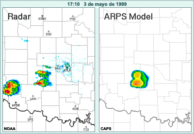 Evento convectivo violento cerca de Oklahoma City, mayo de 1999: secuencia animada que compara el radar y el modelo ARPS no operativo