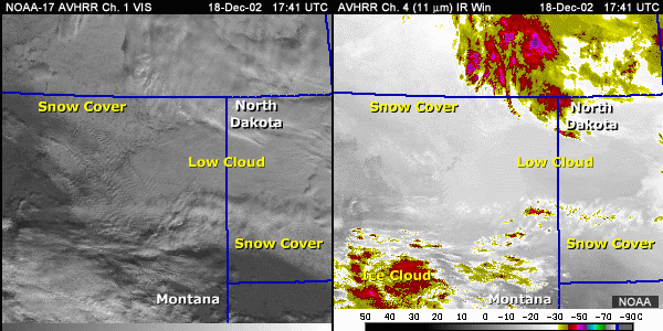 visible and irwin (11-micrometer) images showing snow cover and low clouds