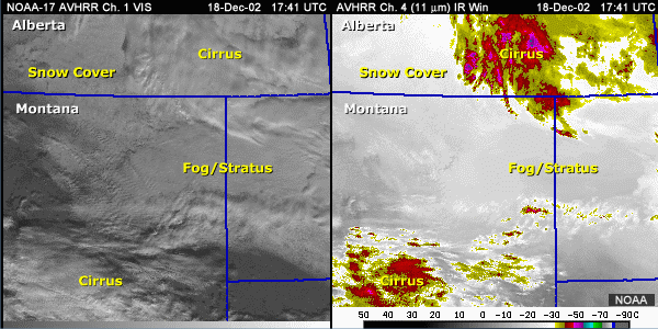 Vis and IRWIN 11-micrometer side-by-side images over the northcentral U.S. with annotations showing snow cover and clouds (Cirrus and low stratus