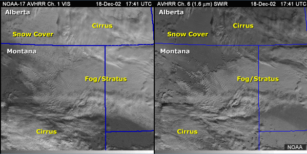Vis and ISWRWIN 11-micrometer side-by-side images over the northcentral U.S. with annotations showing snow cover and clouds (Cirrus and low stratus