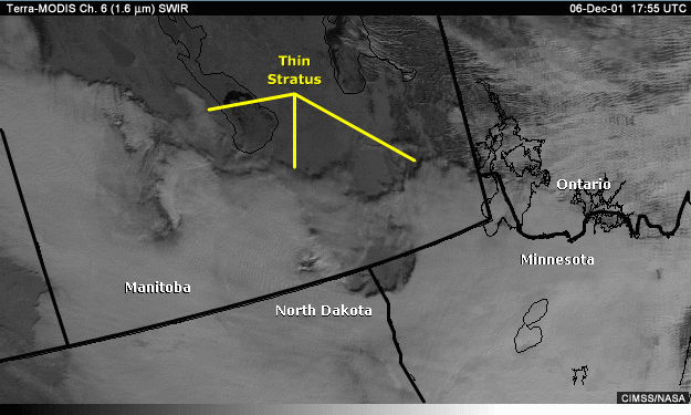 SWIR 1.6-micrometer image over Manitoba and the northern U.S. with annotations showing thin stratus clouds